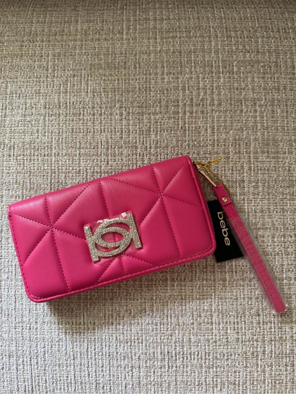 bebe Quilted Zip-Around Wristlet Wallet w/Rhinestone & Gold Accents